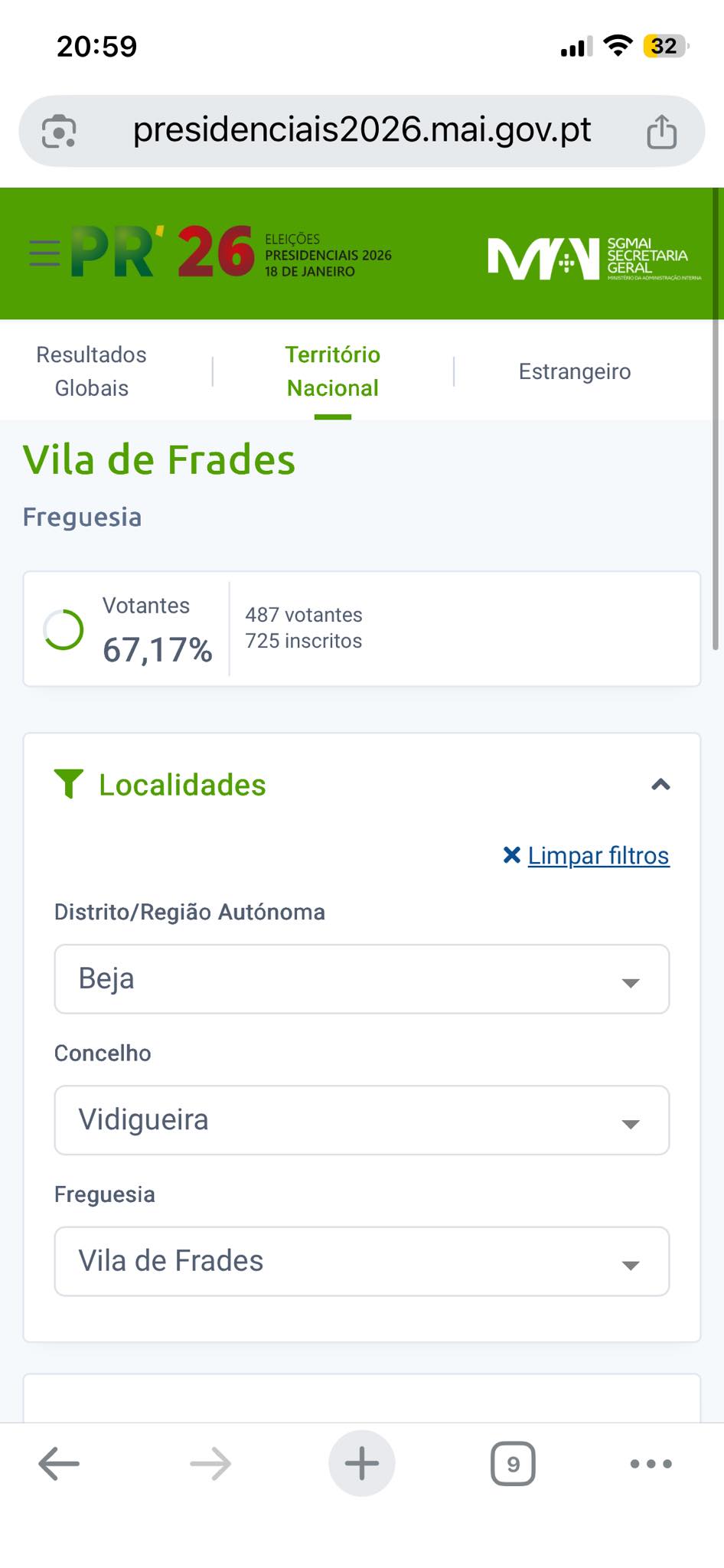 Eleições Presidenciais 2026: Resultados na Freguesia de Vila de Frades