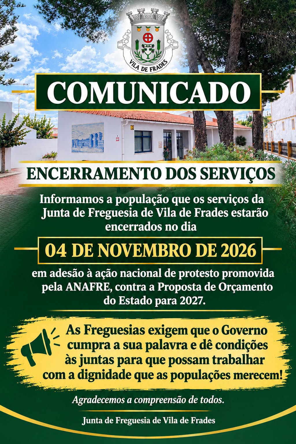 Comunicado: Juntas de Freguesia encerram dia 4 de Novembro em Protesto Contra o Orçamento de Estado para 2027